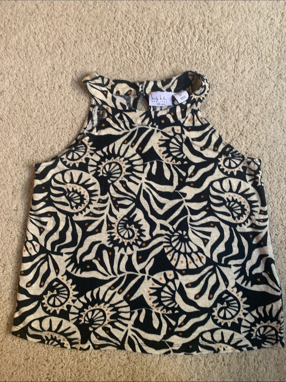 Nicole Miller Black & Cream Botanical Halter with Tan Accents 100% linen - Picture 2 of 8